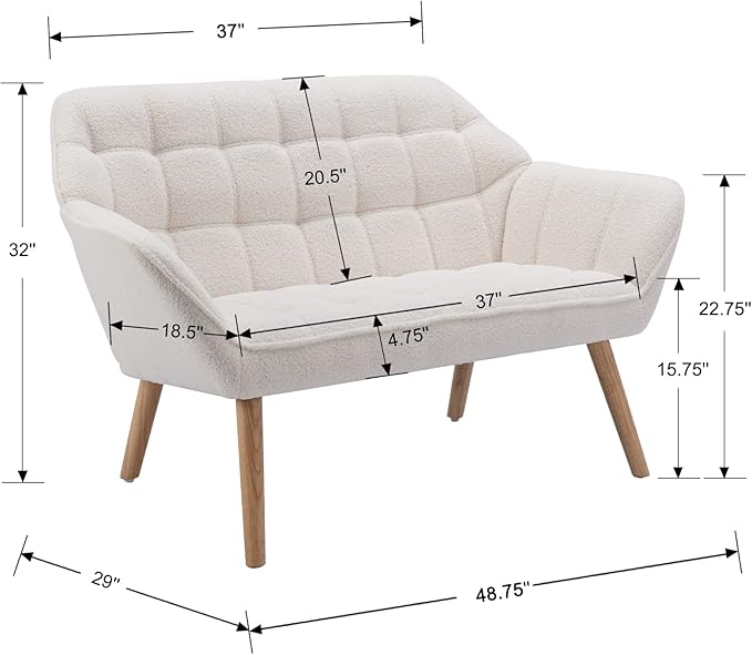 QUINJAY 48" Small Loveseat Sofa, Modern Sherpa Mini Sofa Couch 2-Seater Fluffy Love Seat with Quilting Backs and Wood Legs for Living Room, Bedroom and Small Space, White