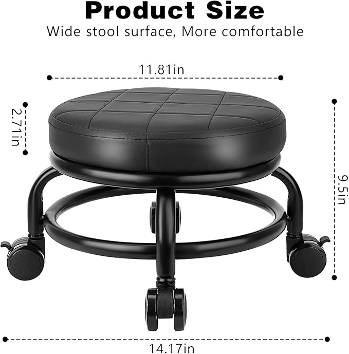 Low Roller Stool Low Height Rolling Stool Seat PU Leather Small Chair Foot Stool Round Rolling Stools for Home Office Garage Shop (Black)