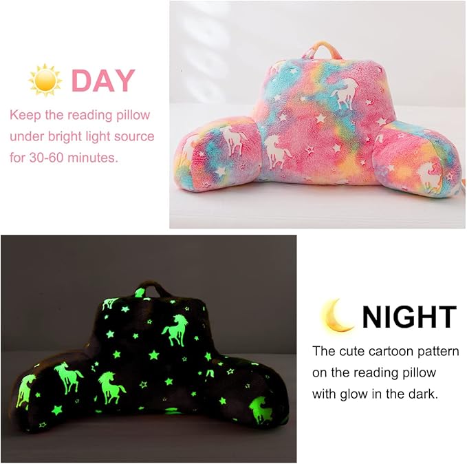 Holawakaka Glow in The Dark Unicorn Reading Pillow for Sitting up in Bed Sofa Kids Teens, Luminous Stars Backrest Pillow with Arms for Boys Girls, Back Support Cushion for Couch Floor Nursery Playroom