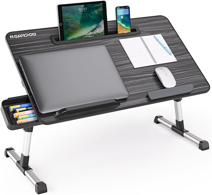 NEARPOW Laptop Bed Tray Table, Height & Angle Adjustable Portable Bed Table,Portable Computer Tray Laptop Stand for Bed W/Tablet Stand & Drawer, Foldable Lap Tablet Table for Sofa Couch Floor Writing