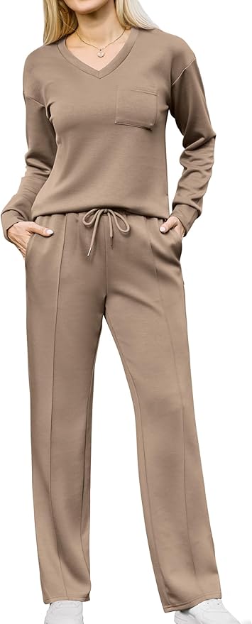 difficort Women's 2 Piece Lounge Sets Casual Travel Airport Outfits Side Slit V-Neck Tops & Wide Leg Pants Matching Set