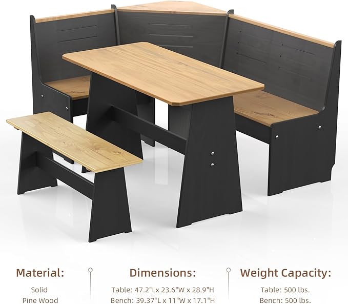 Breakfast Nook Table Set for Kitchen - Bench Seating for Dining Room with Space Saving Solid Wood L Shaped Corner Dining Table Set Apartment for 4 to 6 People - Black