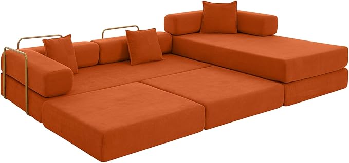 108" Convertible Sleeper Sofa Bed, Corduroy Folding Sofa Bed with Fixed-Shape Frame, Fold Out Floor Mattress Couch, Lazy Compression Sofas for Living Room, Bedroom, No Assembly Required,Orange