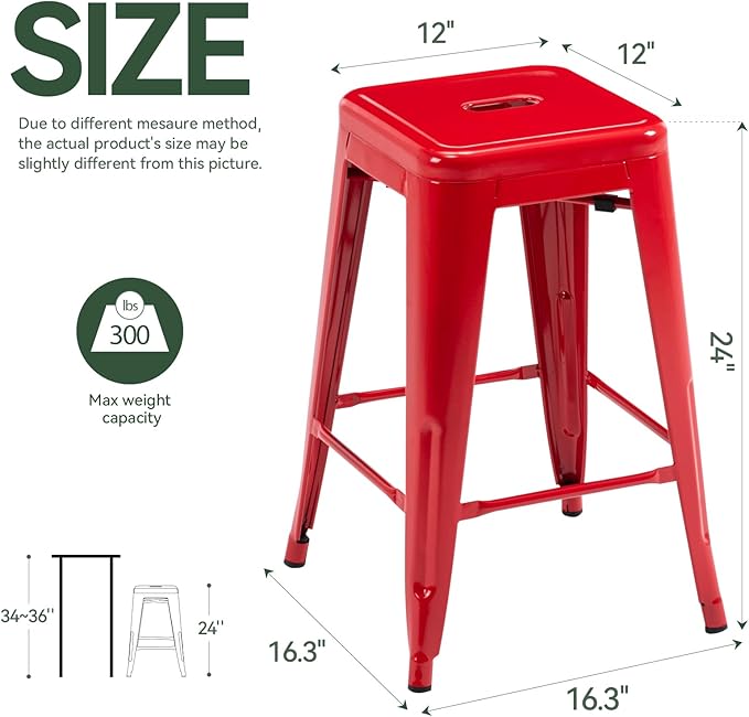 Vogue Furniture Direct 24" High Bar Stools Backless Red Metal Barstools Indoor-Outdoor Counter Height Stools with Square Seat, Set of 4