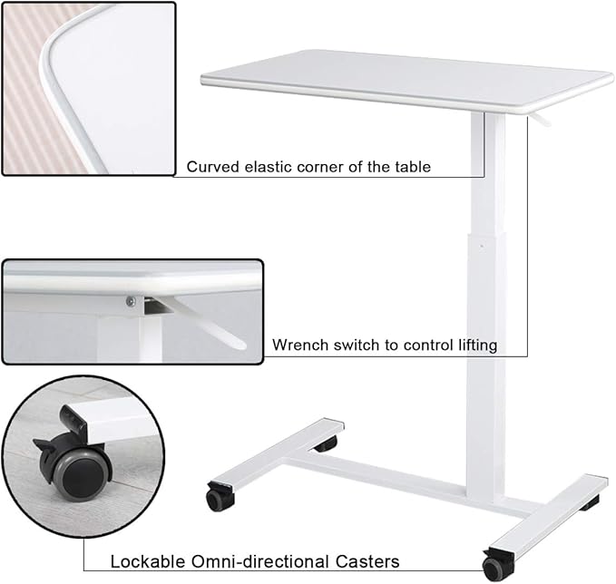 TigerDad Pneumatic Adjustable Overbed Table with Gas Spring Riser | Medical Adjustable Bed Side Table with Wheels | Portable Standing Desk for Laptop Computer with Large Work Space 30.7"x 17"