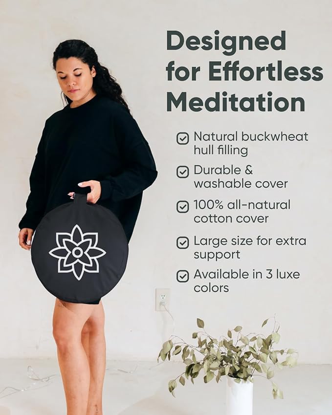 Mindful Modern Large Meditation Cushion for Zafu Yoga - Meditation Pillow for Sitting on The Floor - Buckwheat Hull Filled Yoga Cushion with Removable, Washable 100% Cotton Cover and Carry Handle