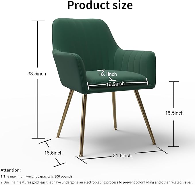 Purgreen Velvet Dining Chair Set of 2 - Modern Mid-Back Accent Chair with Gold Plating Legs - Upholstered Living Room Chair (Velvet Green, Set of 2)