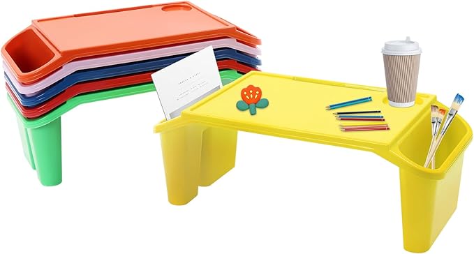 6 Pcs Kids Lap Desk Tray with Storage - Colorful Children's Side Pockets with Cup Holder, 20 Inch Portable Lap Tray for Writing, Eating, Reading & Play