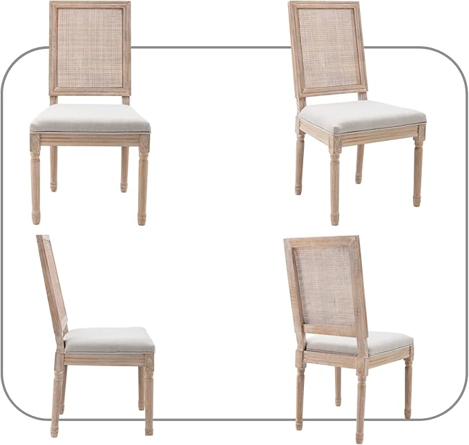 CIMOTA Farmhouse Dining Chairs Set of 8, French Rattan Dining Room Chairs with Rectangle Back/Distressed Wood Upholstered Vintage Side Chairs for Kitchen/Restaurant, Linen Beige/8PCS