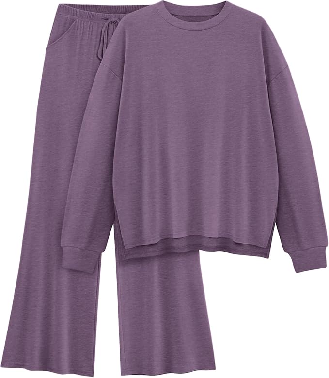 AmazingStar Womens Lounge Set 2025 Fall 2 Piece Outfits Long Sleeve Tops Wide Leg Long Pants Cozy Matching Sets Clothing