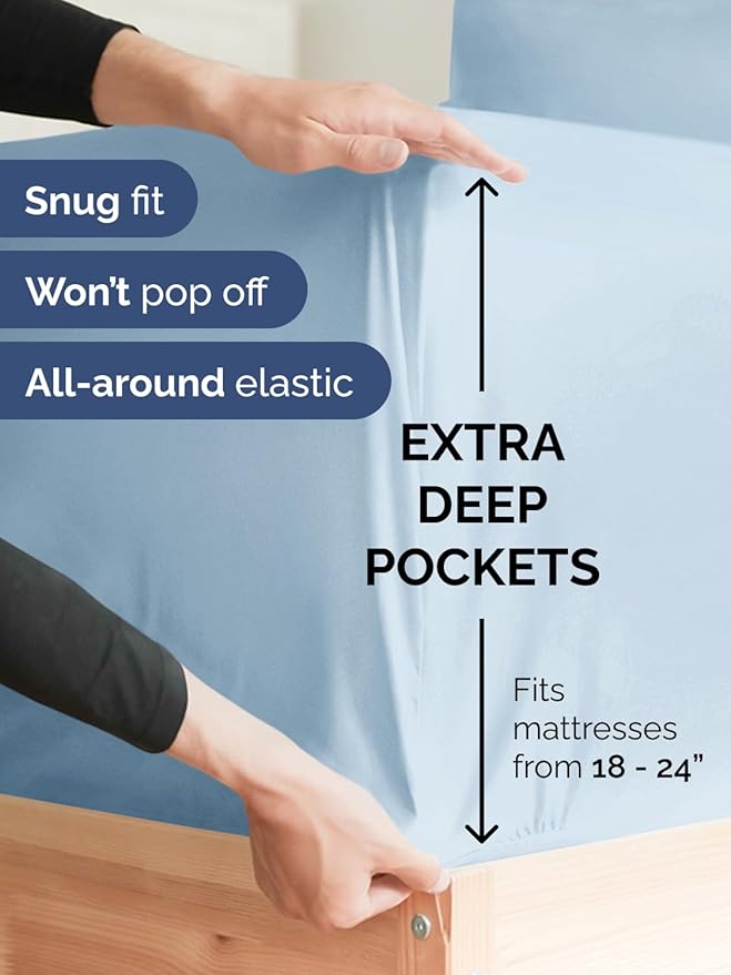Extra Deep Pocket Twin Sheets - 3 Piece Breathable & Cooling Bed Sheets - Hotel Luxury Bed Sheet Set - Soft, Wrinkle Free & Comfy - Easily Fits Extra Deep Mattresses - Deep Pocket Sky Blue Sheets Set