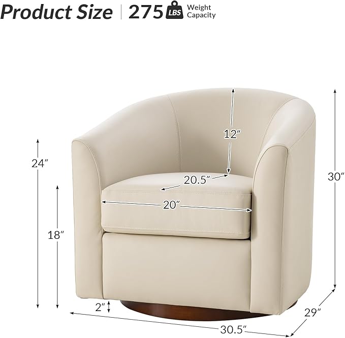HULALA HOME Genuine Leather Swivel Accent Chair with Solid Wood Base, Round Swivel Barrel Chair for Living Room and Bedroom, No Assembly Required, Beige
