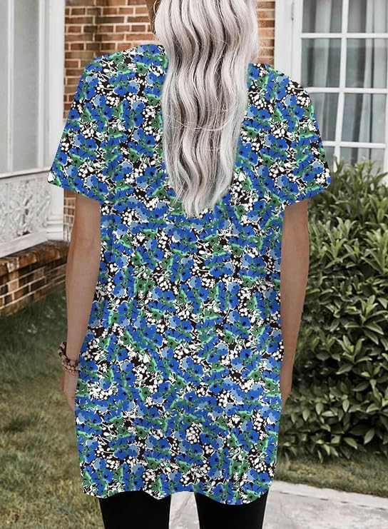 Poetsky Summer Womens Tunic Tops for Leggings with Pockets Short Sleeve Casual Long T Shirts S-3XL