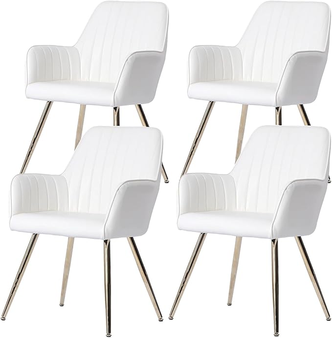 Purgreen Faux Leather Dining Chair Set of 4 - Modern Mid-Back Accent Chair with Gold Plating Legs - Comfy Upholstered Chair for Living Room ，Kitchen & Reception Room (Leather Beige, Set of 4)