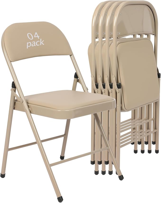 4 Pack Khaki Padded Folding Chairs Set - Comfortable Stackable Portable Chairs for Indoor Outdoor, Events, Parties, Office, Wedding (PU Leather, Urban Khaki,School Chair)
