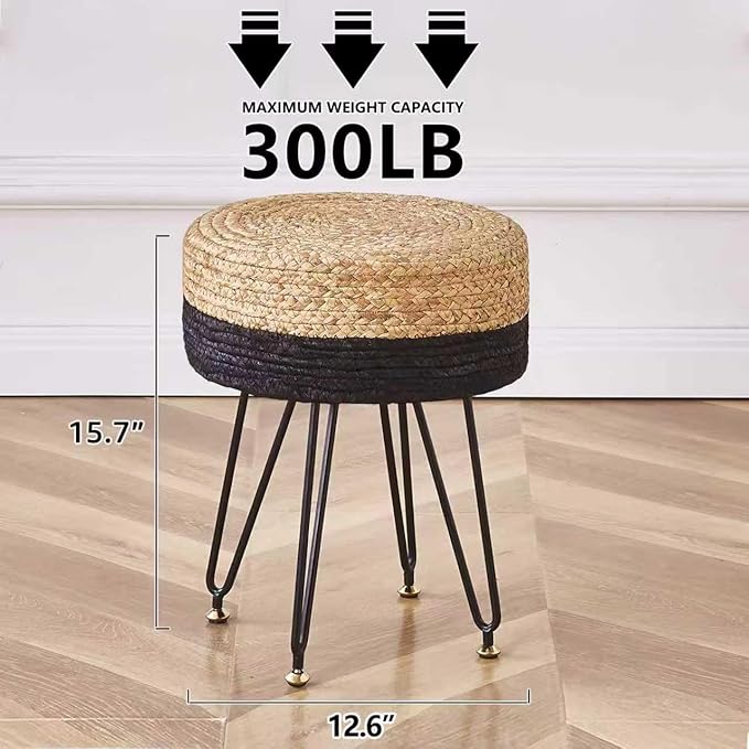 Wimarsbon Ottoman Pouf Handmade Natural Water Hyacinth,Round Footrest with 4 Metal Legs,Vanity Stool for Bedroom,Hallway,Living Room (Natural Water Hyacinth+Black Corn Husk)