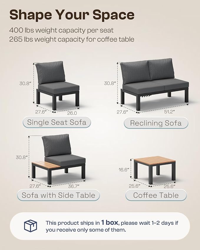 Oasbira Aluminum Outdoor Patio Sofa Set, 2 Seats Modular Sectional Single Seat Sofa Chairs with Removable Cushions, All-Weather Outdoor Conversation Sets for Garden & Yard, Graphite