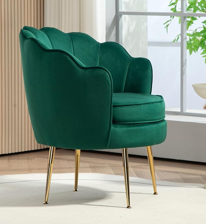 Container Furniture Direct Velvet Barrel Accent Chair with Scalloped Silhouette and Gold Metal Legs, Decorative Piece Suitable for Traditional, Modern, and Contemporary Spaces, Green