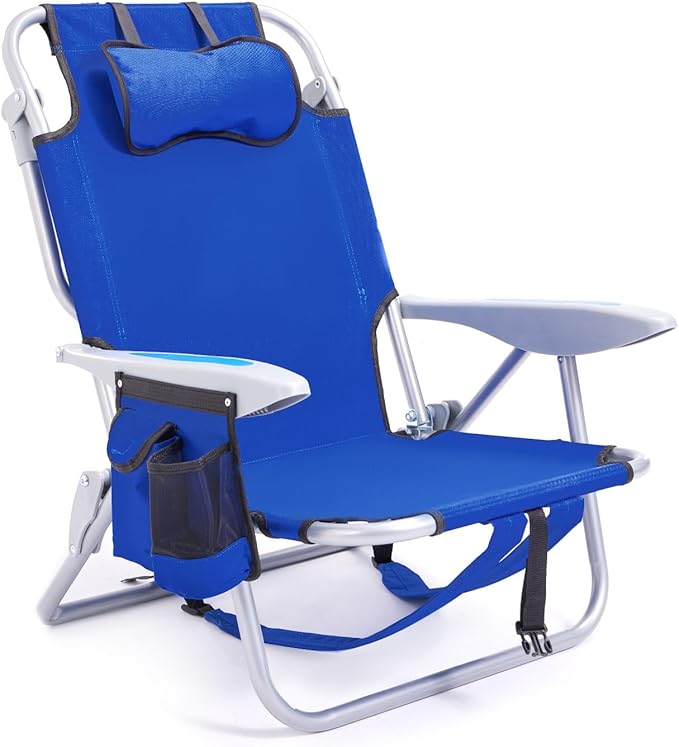Canpsky Portable Beach Chair for Adults, Outdoor Camping Chair Lay Flat Folding Backpack Beach Reclining Chair with 5 Positions, Headrest, Zipper Pouch, Cup Holder, Blue