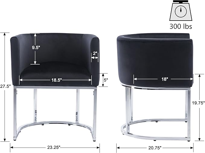 VESCASA Velvet Upholstered Dining Chair with Barrel Back, Mid Century Modern Padded Restaurant Chair with Chrome Metal Frame for Kitchen, Dining Room, 1 Piece, Black