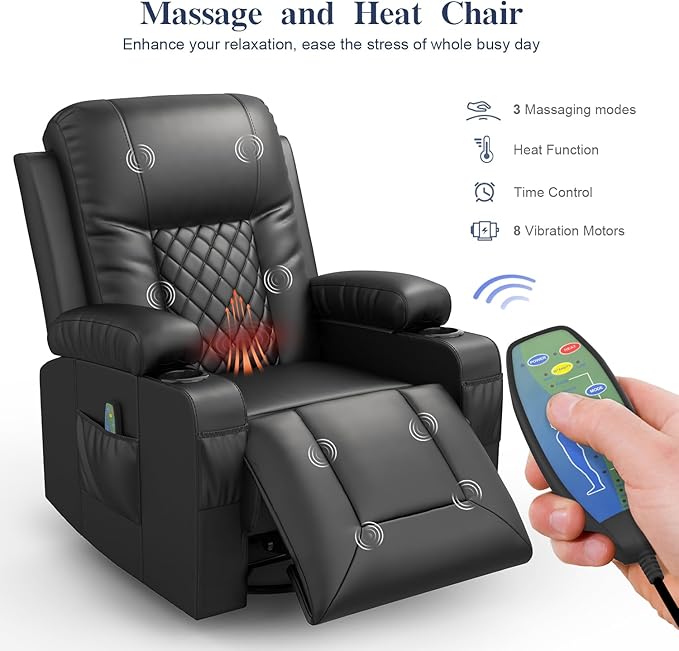 FURNIMAT Oversized Recliner Sofa Set with 4+1+1 Pieces in Living Room, 4 Seater Reclining Sofawith USB Ports, Cell Phone Holders, 2 Recliner Chairs with Vibration Massage and Heat Single Sofa Seat