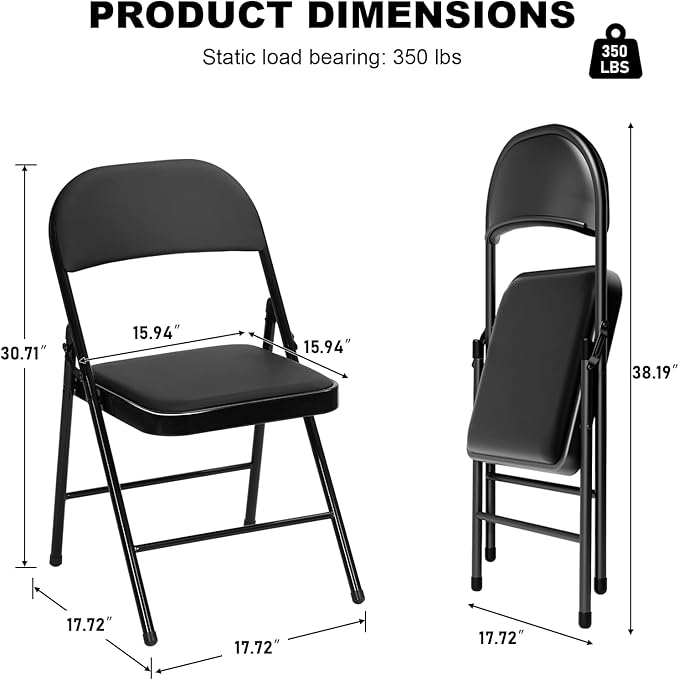 30 Pack Black Folding Chairs with Padded Cushion for Outside, Portable Stackable Commercial Metal Foldable Chairs with Steel Frame for Home Events Office Wedding Party, 350lbs Capacity