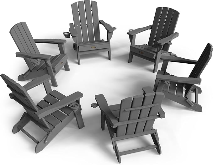 Folding Adirondack Chair 6 Pack, HDPE All-Weather Fire Pit Chairs, Plastic Adirondack Chairs with 2 Cup Holder, Outdoor Lawn Chair for Patio Garden (Grey)