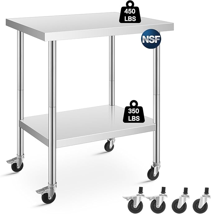 FOHERE Stainless Steel Table 36 x 24, with 4 Wheels, Two with Brakes, Prep Table for Commercial Restaurant, Home, Outdoor, Garden, Warehouse and Hotel