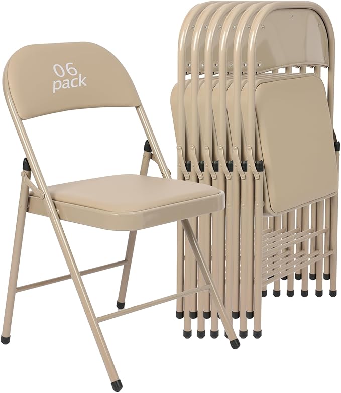 6 Pack Khaki Padded Folding Chairs Set - Comfortable Stackable Portable Chairs for Indoor Outdoor, Events, Parties, Office, Wedding (PU Leather, Urban Khaki,School Chair)