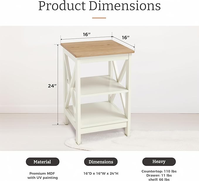 GREEN PARTY End Tables Living Room Set of 2,Side Tables with 3-Tier Storage Shelf, Small Nightstand for Bedroom, Wooden Frame,Small Coffee Table,Ivory White