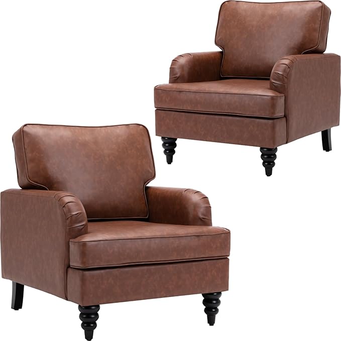 chairus Mid Century Modern Faux Leather Accent Chair Set of 2, Vintage Club Armchair with Firm Supportive Seat & Soft Backrest, Comfy Single Sofa Reading Chair for Living Room Bedroom Apartment, Brown