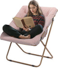 Athena Collection Saucer Chair for Adult, Square Comfy Cozy Chair Folding Chair Faux Fur Metal Frame Foldable Reading Chair Accent Chair for Bed Room Living Room, Pink