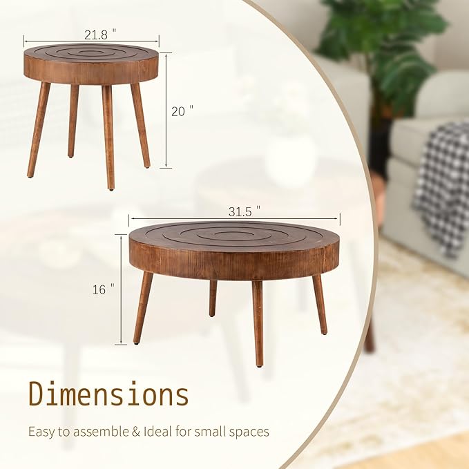 SUNBURY Round Coffee Table, Nesting Tables with Concentric Circle Pattern, Mid Century Modern Coffee Table Set for Living Room Bedroom, 31.5"x16" and 21.8"x20"