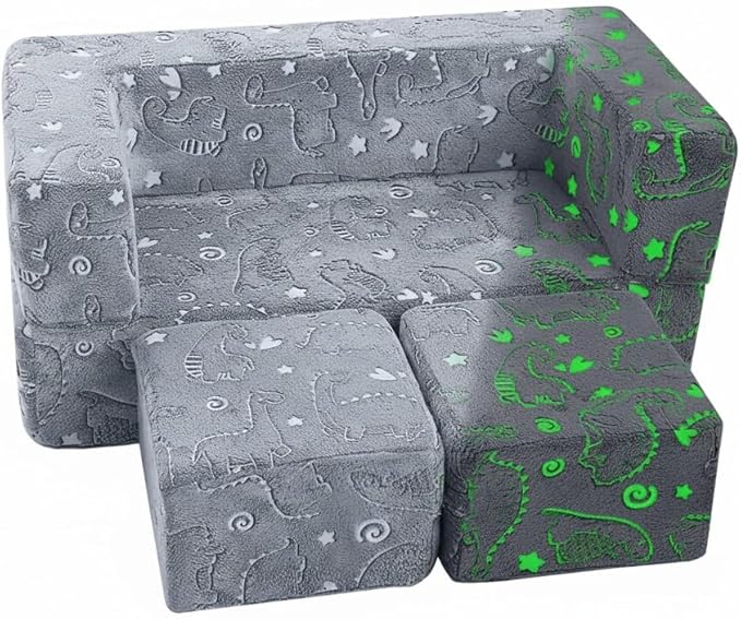 MeMoreCool Dinosaur Glow Foam Kids Play Couch Set, Gray Modular Sofa & Lounger – Glow-After-Light Dinosaur Pattern, Machine-Washable Cover
