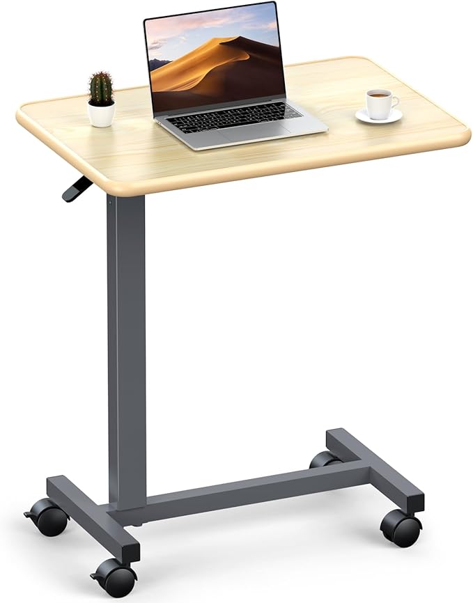 WOTURE Adjustable Overbed Table with Wheels, Bedside Rolling Table, Pneumatic Height Adjustment, Hospital Bed Table on Wheels, Standing Desk, Bedridden & Mobility Needs, Maple