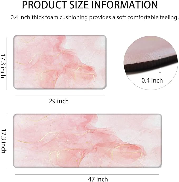 Pink Kitchen Rugs, Kitchen Floor Mats Cushioned Anti Fatigue Set of 2 Non Slip Waterproof Anti Fatigue Mat Comfort Memory Foam Standing Mat for Gold Kitchen Accessories