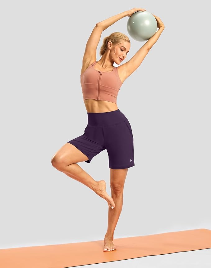 Women's Athletic Shorts with Zipper Pocket 7" High Waisted Stretchy Bermuda Shorts for Women Workout Running Casual