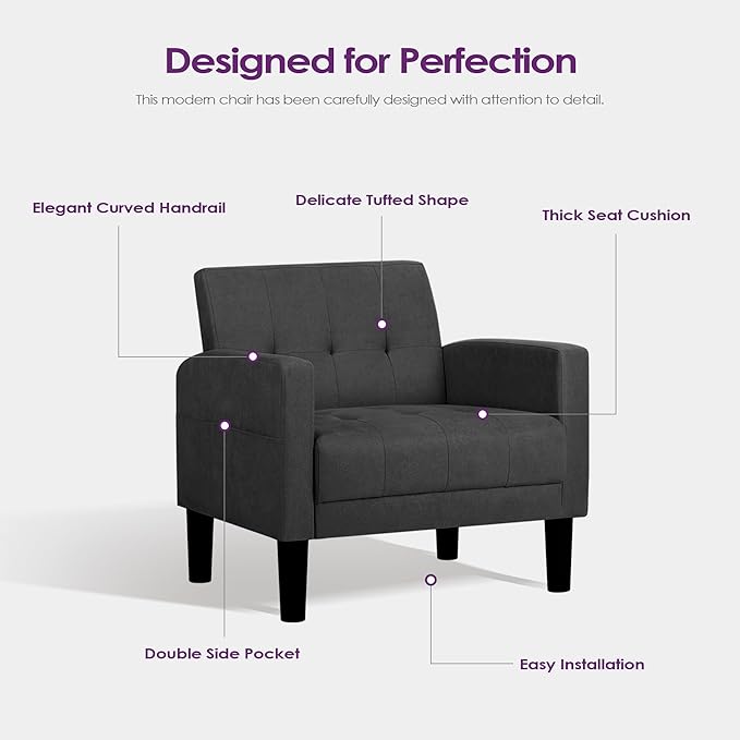TYBOATLE Accent Chairs Set of 2 Living Room Chairs Cozy Tufted Mid Century Modern Accent Chairs with Arms for Bedroom Comfy Reading Arm Chair Small Chairs for Small Spaces Office (2, Dark Grey)