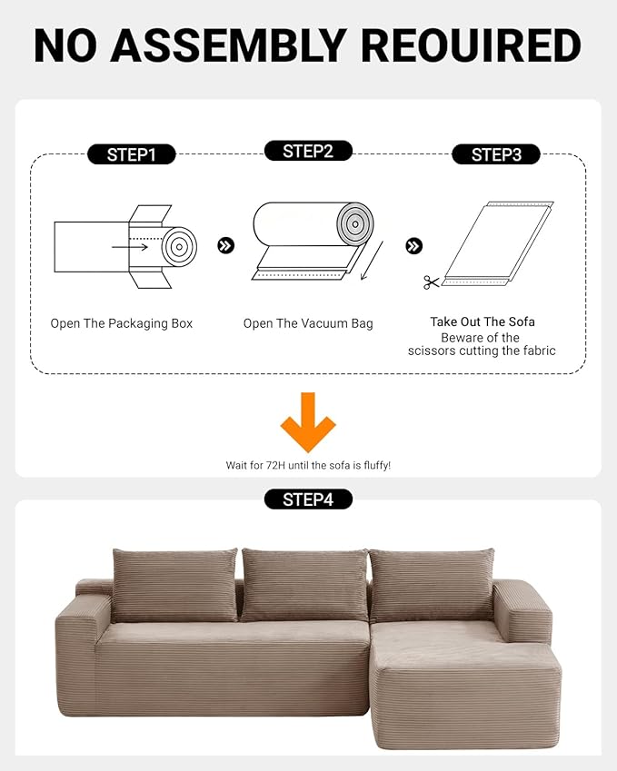 97" Cloud Sectional Couch,Modern Modular Sectional Sofa with Deep Seat,Corduroy Boneless Couches with L-Shape Chaise for Living Room Bedroom,No Assembly Required (Camel, 97" Right Facing Chaise)