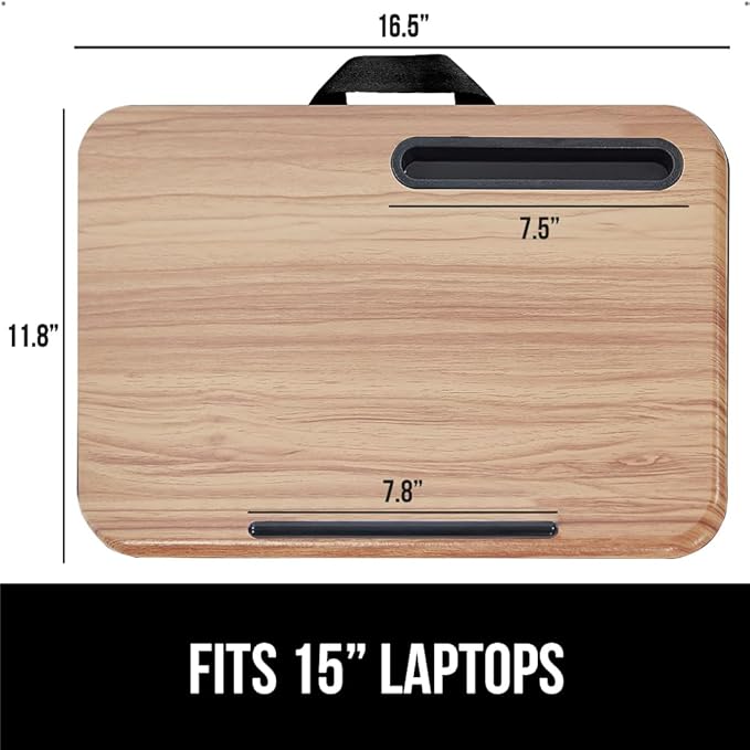 GORILLA GRIP Laptop Lap Desk with Phone Holder, Pillow Cushion Desks Fit Laptops up to 15.6", Gifts for Home, Portable Travel Workstation, Tray Ledge Keep Computers in Place, Light Wood Color