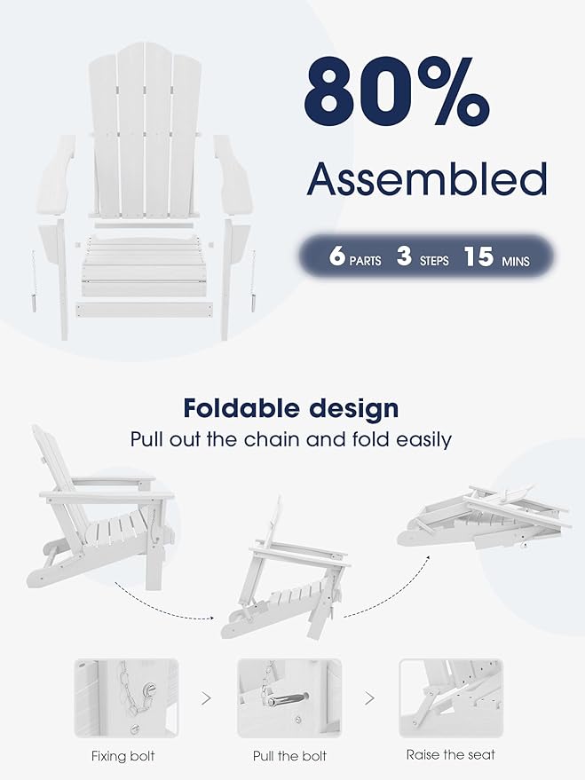 KINGYES Folding Adirondack Chair Set of 6, HDPE All-Weather Folding Adirondack Chair, White