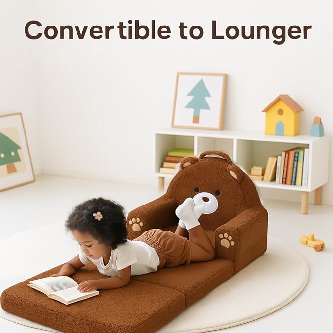 MOONBEEKI 2-in-1 Foldable Toddler Couch, Soft Sherpa Fabric with Washable Cover, Convertible Sofa to Lounger, Kids Sofa for Playroom, Bedroom, Living Room, Birthday Gift, Ages 1-3, Bear, Medium