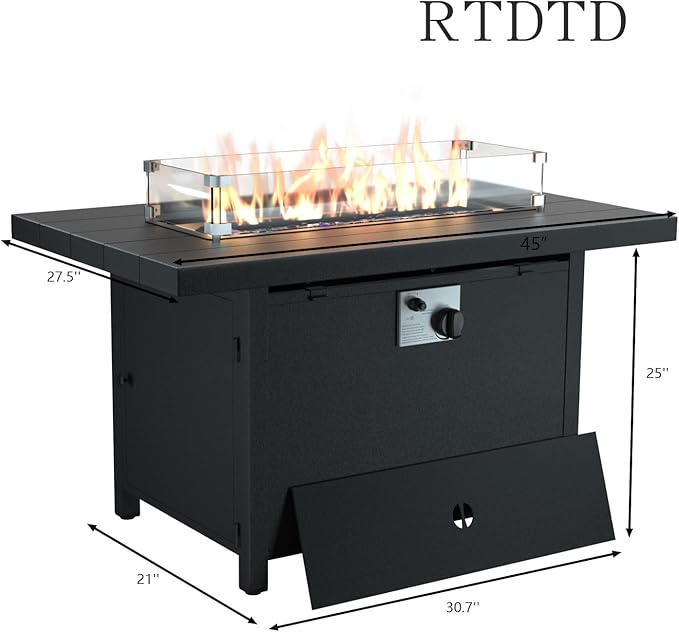RTDTD Aluminum Outdoor Patio Furniture Set,4 Pieces 7 Seats Patio Conversation Sets with 45" Propane Fire Pit Table,Metal Patio Sectional Furniture Set w/5.1" Cushions for Porch,Deck,Backyard,Black