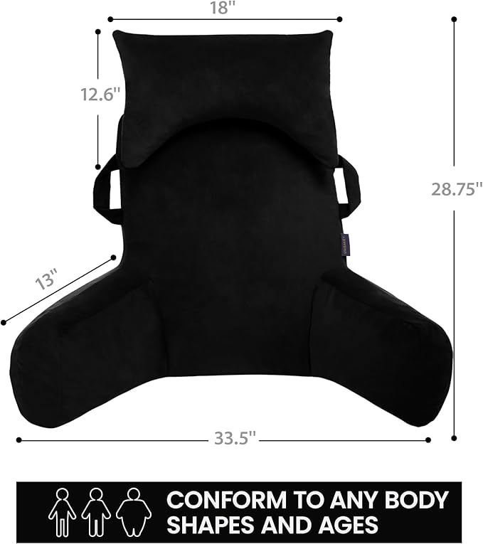 Unisakey Portable Reading Pillows with Headrest for Bed Sitting Up(Black Oeko-Tex), Velvet Back Pillow with Arms & Pockets for Adults, Support Memory Foam Bed Pillow for Dorm/Reading/Watching/Gaming