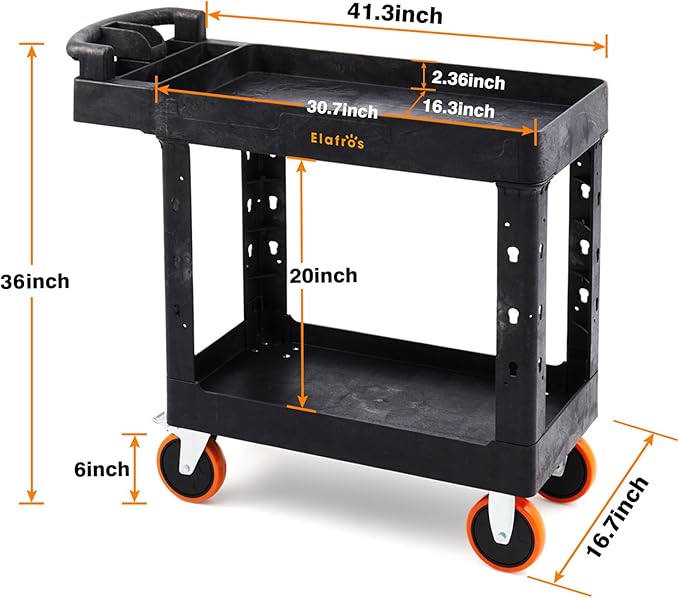 ELAFROS Heavy Duty Plastic Utility Cart 41.3 x 17 Inch - Ergonomic Handle Work Cart Storage W/Deep Shelves and 2 Fixed 2 Swivel Wheels Safely Holds up to 550 lbs - 2 Tier Service Cart with 6" Wheels