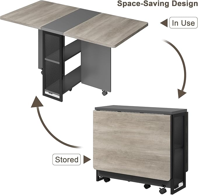 IDEALHOUSE Folding Dining Table, Drop Leaf Dining Table with 6 Wheels and 2-Layer Storage Shelf, Space Saving Kitchen Table for Small Spaces (Slate Oak, 50.1" D x 31.4" W x 29.5" H)