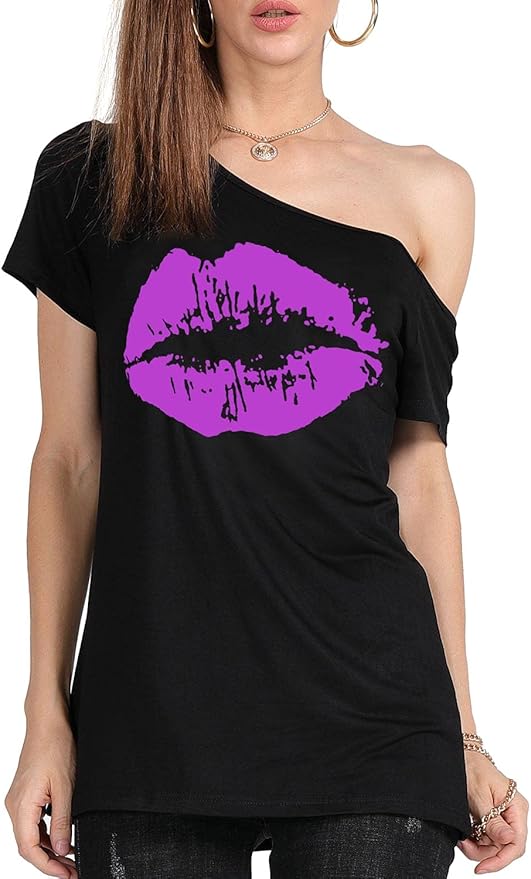 MAGICMK Women’s Short Lips Print Causal Off The Shoulder Plus Size T-Shirt Tops