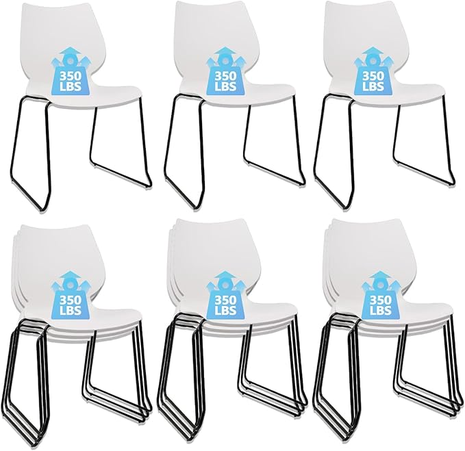 Stackable Waiting Room Chair, Stacking Office Chair with Ergonomic Lumbar Support and Metal Legs, Plastic Desk Chairs for Conference School Church Guest Reception Set of 12, White