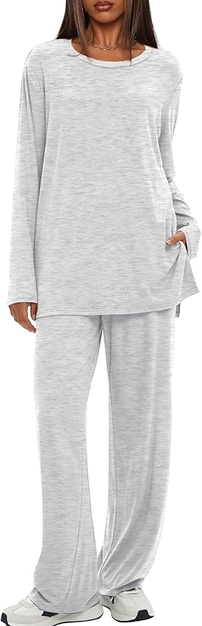 Darong Women's 2 Piece Lounge Set Casual Long Sleeve Crew Neck Tops Wide Leg Pants Travel Airport Outfit Matching Sets