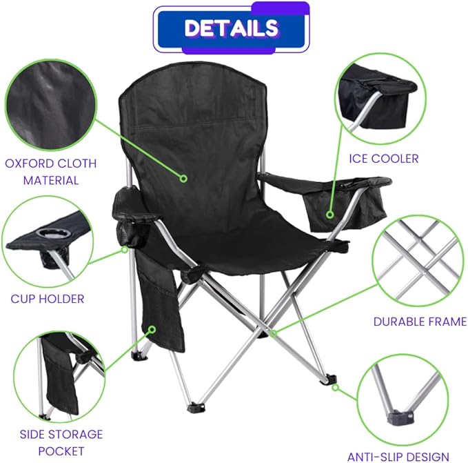 EZONE 2-Pack Camping Chairs with Built-in Ice Cooler, Portable Chair, Storage Pocket, Cup Holder, and Carry Bag Perfect for Camping, Tailgating, Fishing, Beach, and Lawn (2, Black)